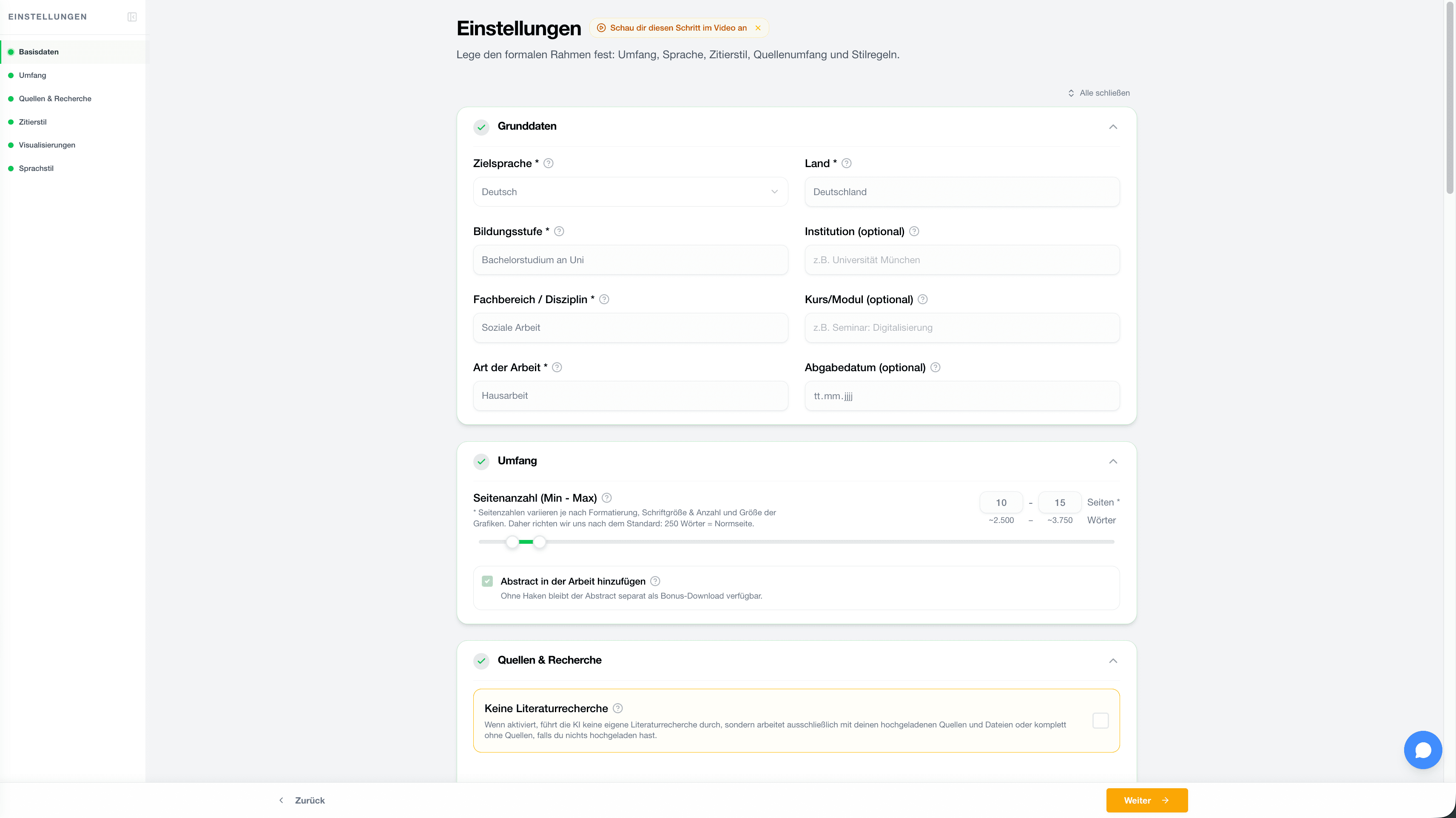 StudyTexter Einstellungen für Umfang, Sprache und formale Angaben