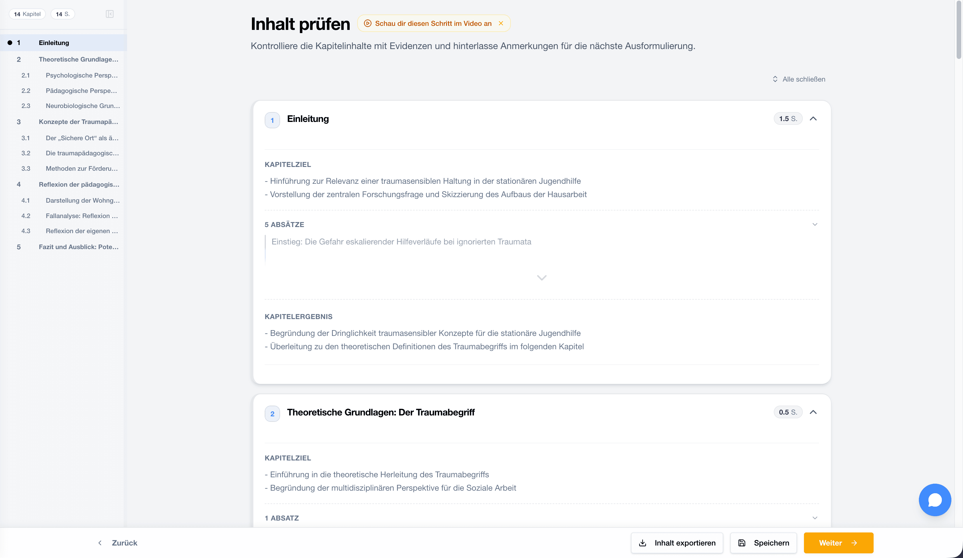 StudyTexter Prüfansicht für Kapitelinhalte, Quellenbezug und Argumentation