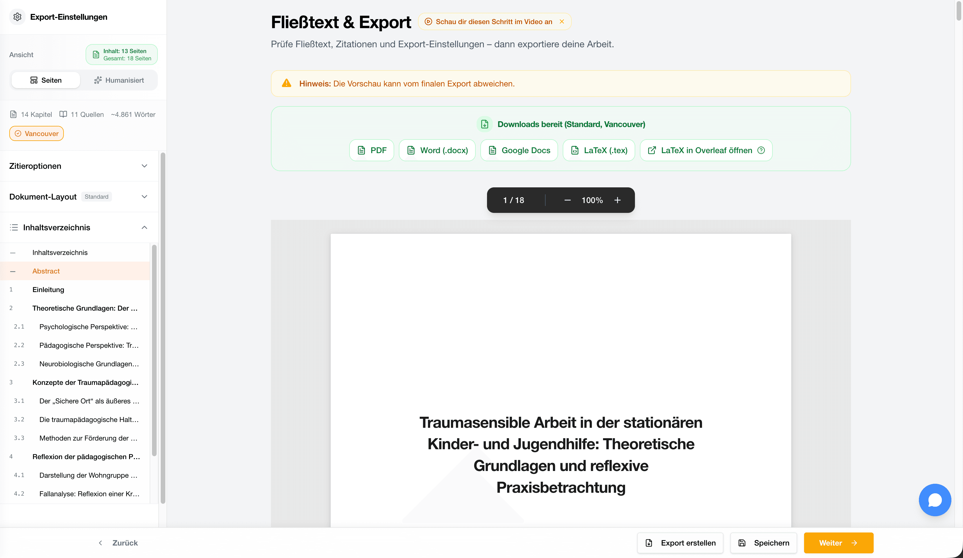 StudyTexter Exportansicht für Fließtext, Literatur und Downloads